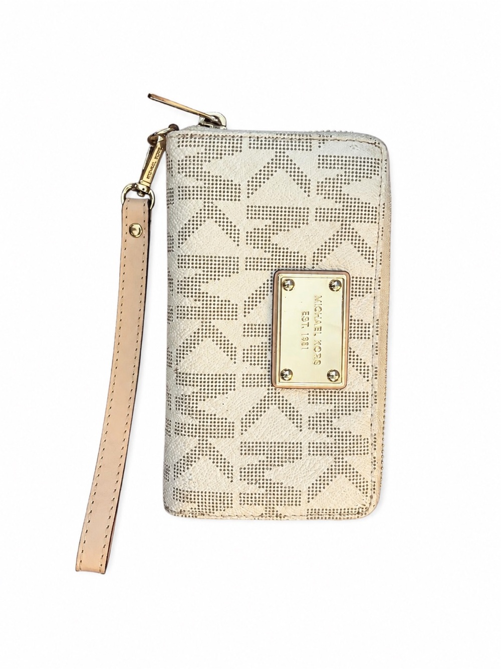 Michael Kors Beige Logo Wristlet Phone Case with Gold Plate